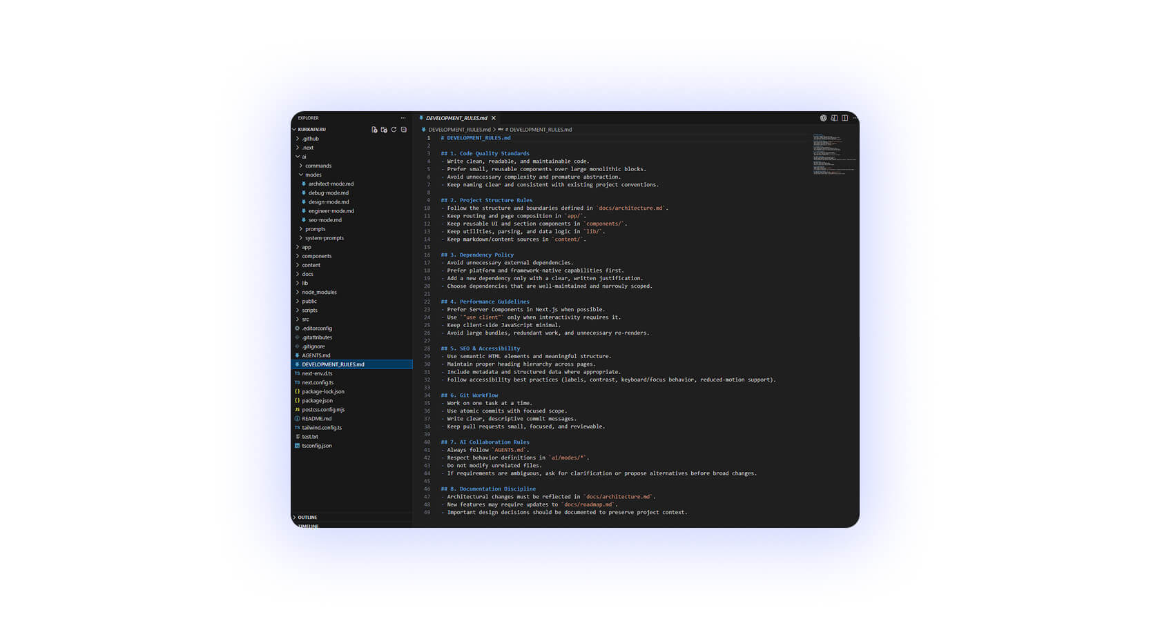 AI framework внутри проекта: структура правил, ролей и документации